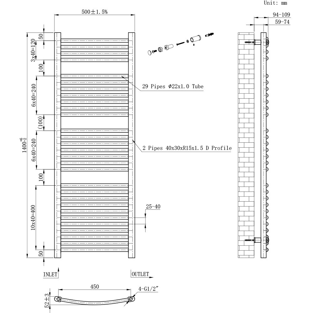 Leziter Uscător de prosoape curbat radiator 1400x500 mm negru [2]