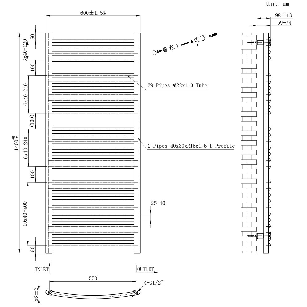 Leziter Radiator curbat pentru uscător de prosoape 1400x600 mm negru [2]