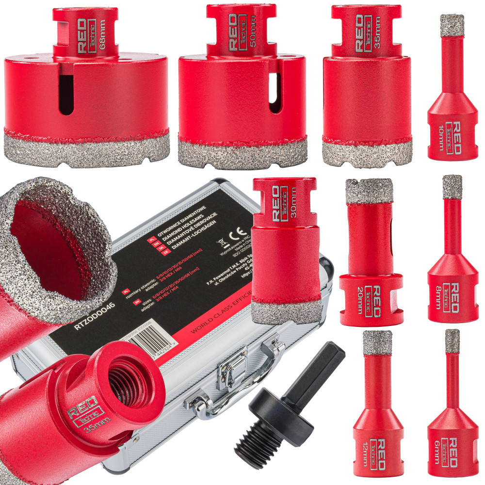 Produse temporar indisponibile - Red Technic Set de burghie cu 9 piese, adaptor pentru ferăstrău diamantat 6-68 mm HEX M14 RTZOD0046