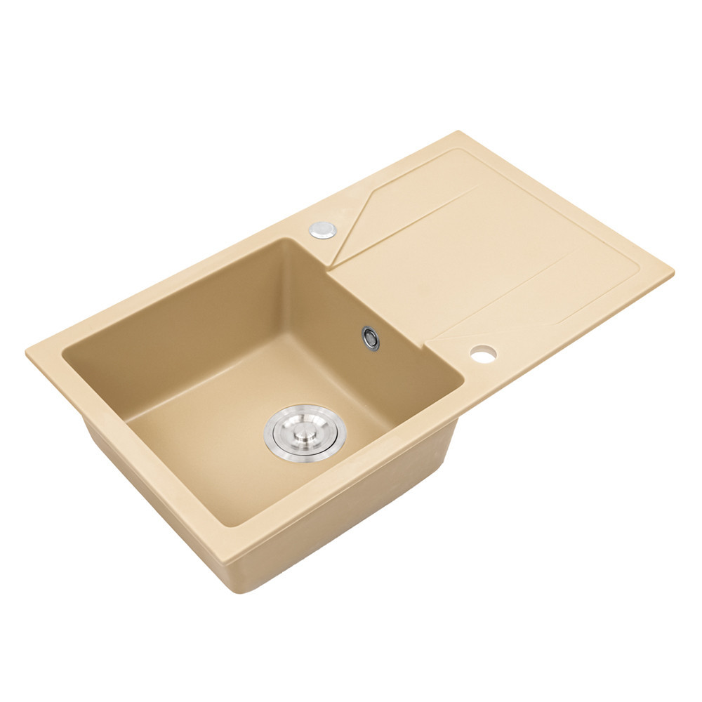 Leziter Chiuvetă Gori pătrată cu o singură lavoar, cu picurare, din granit, cu sifon, bej [4]