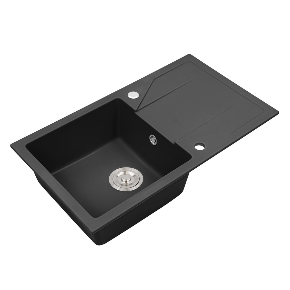 Leziter Chiuvetă Gori pătrată cu un singur lavoar din granit, cu sifon și sifon, neagră [4]