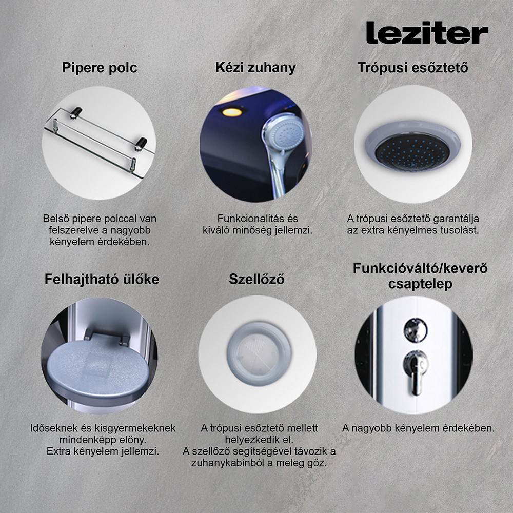 Leziter Cabină de duș cu hidromasaj curbată Vital Black 80x80 cm [4]