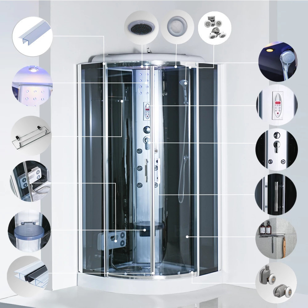 Leziter Cabină de duș cu hidromasaj curbată Vital Black 90x90 cm [6]