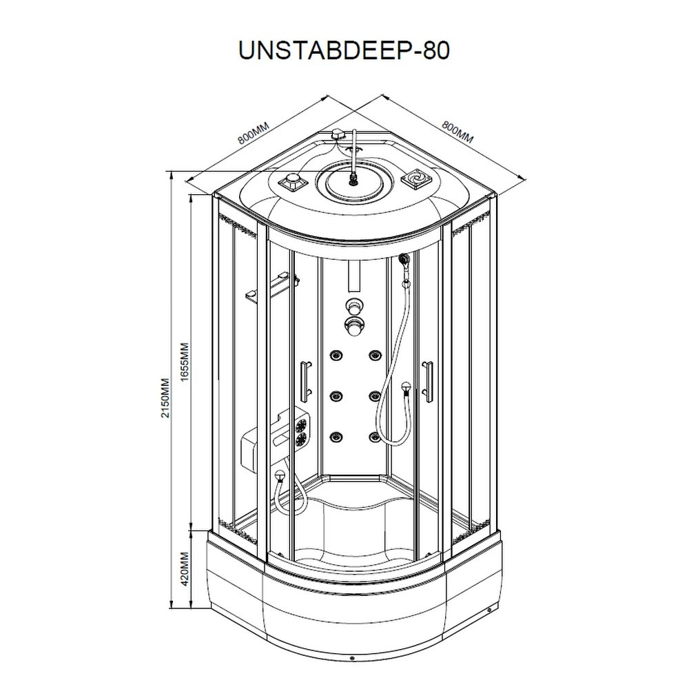 Leziter Cabină de duș cu hidromasaj Vital Black 80x80 cm, curbată și adâncă [2]