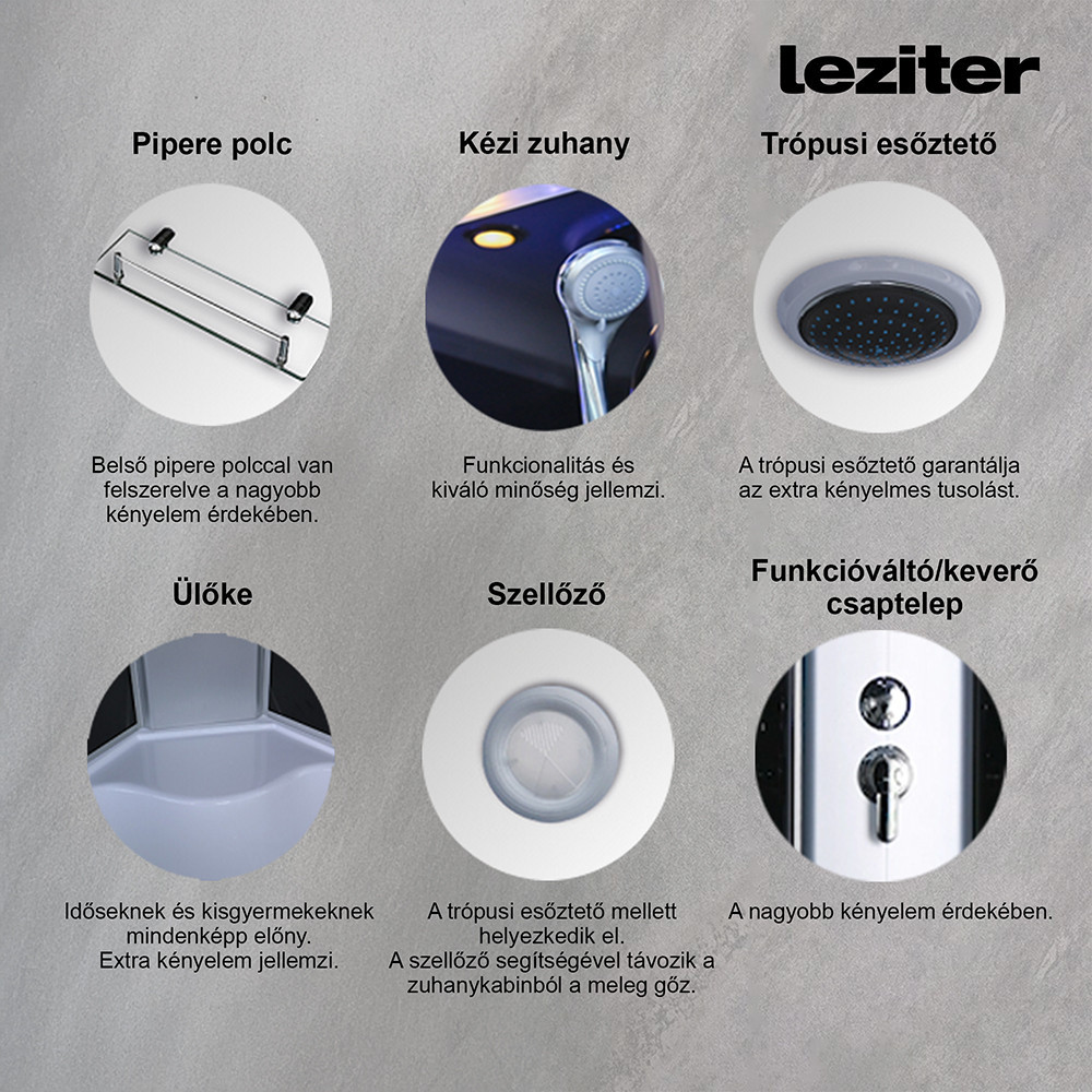 Leziter Cabină de duș cu hidromasaj Vital Black 80x80 cm, curbată și adâncă [4]