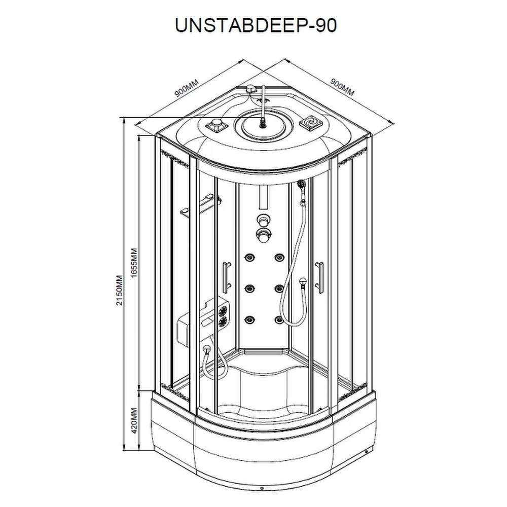 Leziter Cabină de duș cu hidromasaj Vital Black 90x90 cm, curbată, cu tavă adâncă [2]