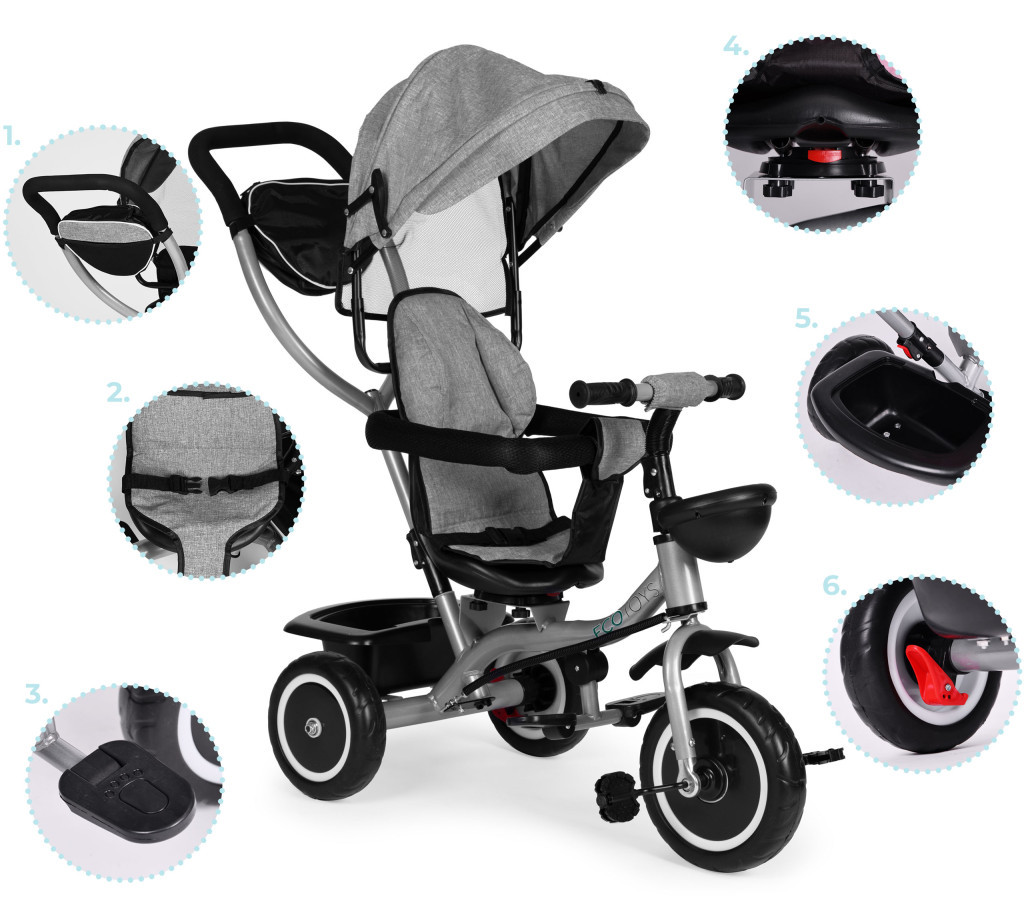 Homelux Triciclu triciclu cu scaun pivotant și parasolar pliabil 2in1 gri [8]