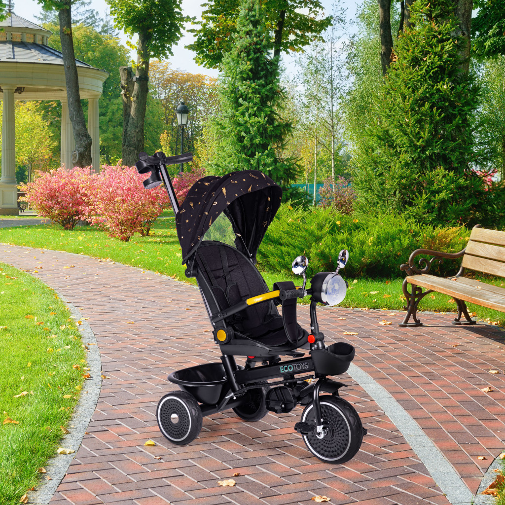 Homelux Triciclu cu scaun pivotant cu mâner de împingere și baldachin negru [7]