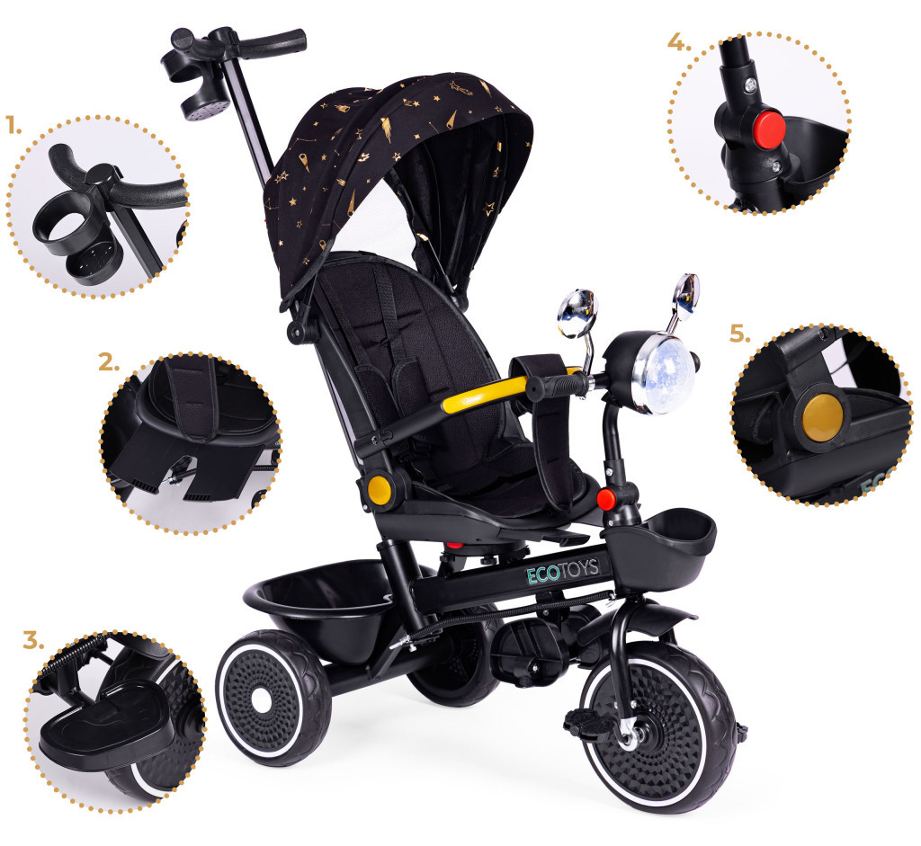 Homelux Triciclu cu scaun pivotant cu mâner de împingere și baldachin negru [8]