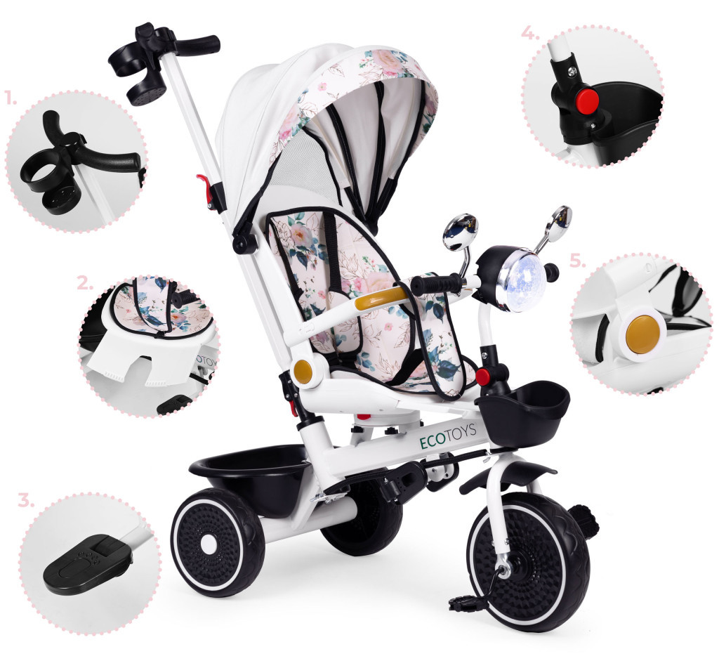 Homelux Triciclu cu scaun pivotant cu mâner de împingere și canopy alb [9]