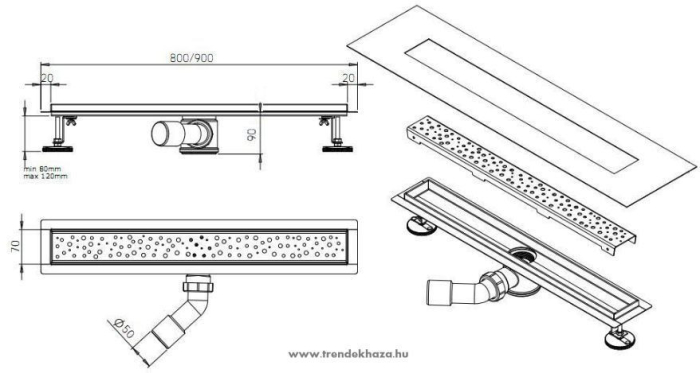 Aqualine Sifon de pardoseală din oțel inoxidabil 90x11 cm [2]
