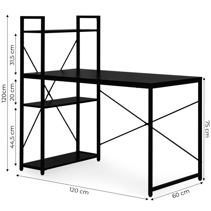 Homelux Birou 120x60 cm cu 3 rafturi Negru [10]