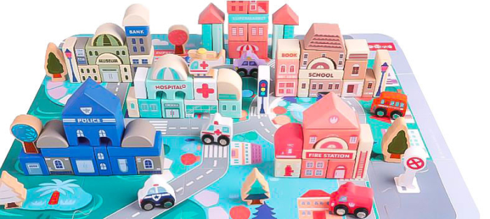 Homelux Blocuri de construcție educațională din lemn cu covor 115 piese [5]