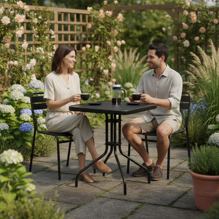 Homelux Masă de grădină cu cadru metalic 60x60 cm sticlă călită, negru [2]