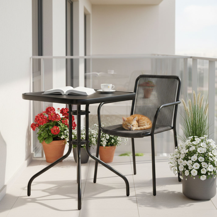 Homelux Masă de grădină cu cadru metalic 60x60 cm sticlă călită, negru [3]