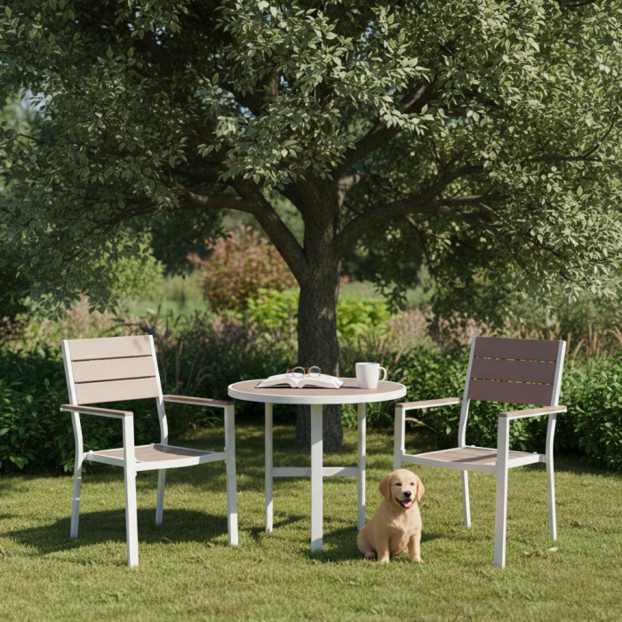 Homelux Set de 2 scaune de grădină cu cadru metalic, scaun din plastic alb [2]