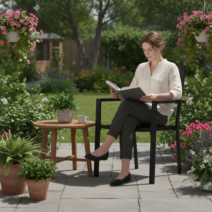 Homelux Set de 2 scaune de grădină cu cadru metalic și scaun din plastic negru [3]