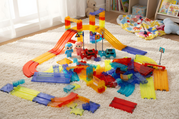 Homelux Set de construcție cu pistă de curs magnetică cu mașini LED 154 de piese [8]