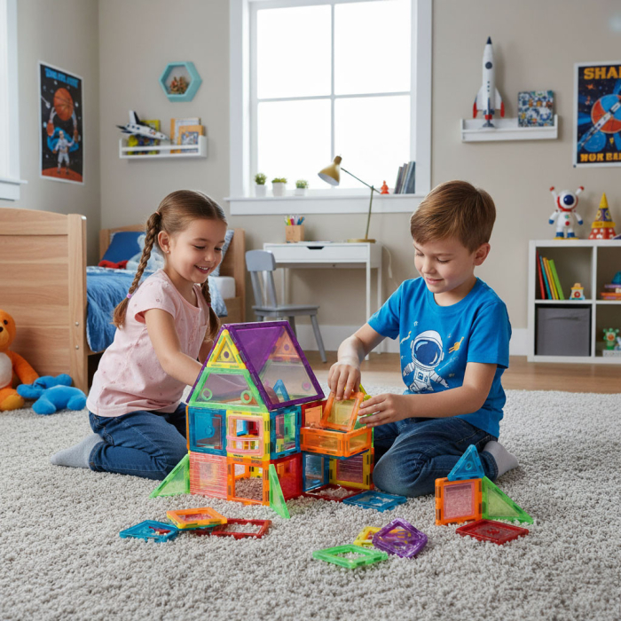 Homelux Set de jucării de construcție magnetice 106 piese castel, robot, roată Ferris etc. [8]