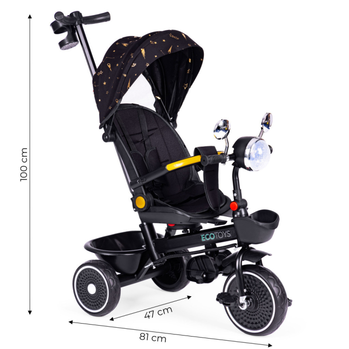 Homelux Triciclu cu scaun pivotant cu mâner de împingere și baldachin negru [7]