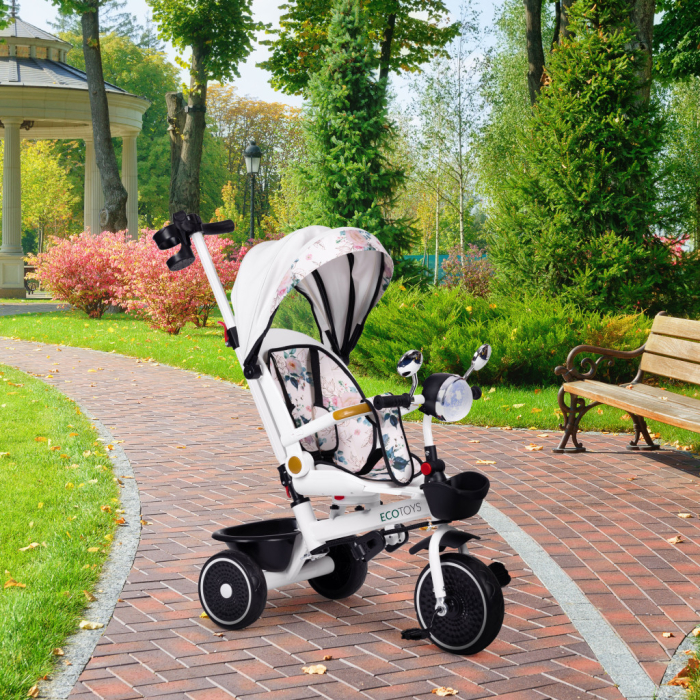 Homelux Triciclu cu scaun pivotant cu mâner de împingere și canopy alb [9]