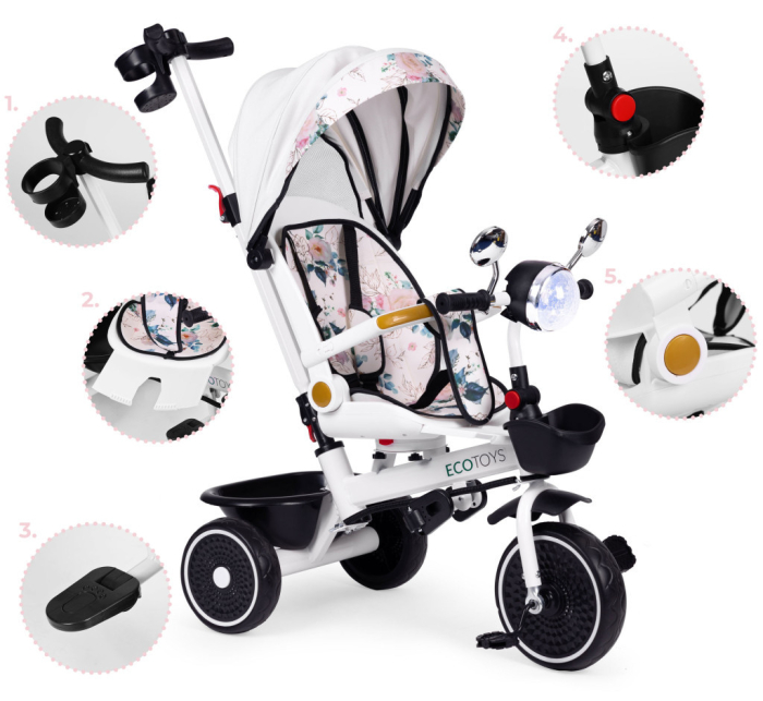 Homelux Triciclu cu scaun pivotant cu mâner de împingere și canopy alb [10]