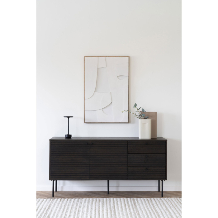 House Nordic Kyoto sideboard cu 3 sertare, 2 usi, furnir de stejar, fumuriu, picioare din metal negru, 150x40x74 cm [6]
