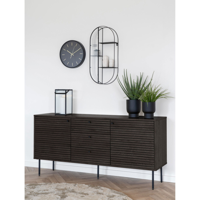 House Nordic Kyoto sideboard cu 3 sertare, 2 usi, furnir de stejar, fumuriu, picioare din metal negru, 150x40x74 cm [9]