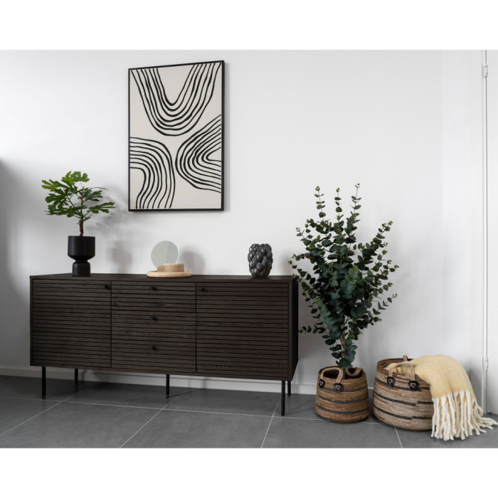 House Nordic Kyoto sideboard cu 3 sertare, 2 usi, furnir de stejar, fumuriu, picioare din metal negru, 150x40x74 cm [7]