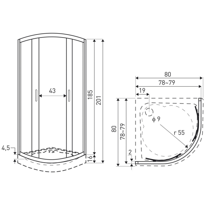 Kerra Aruba 80 Chrome Cabină de duș curbată cu tavă Alan [2]