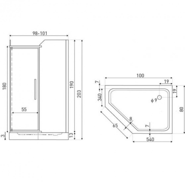 Kerra Cabină de duș asimetrică pătrată Glasgow 80x100 cm fără cădiță de duș [2]