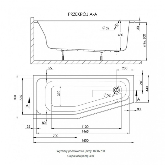 Kerra Cadă de baie asimetrică Keos 160 stânga [3]