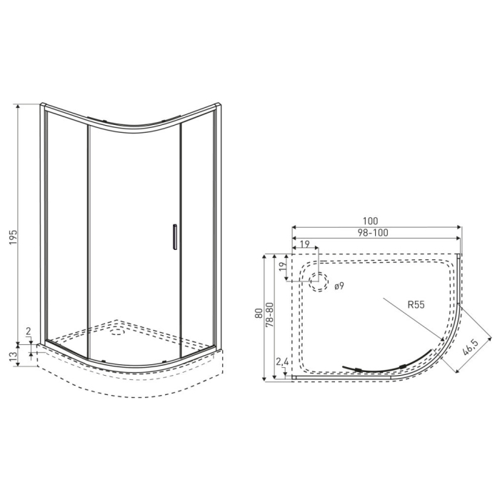 Kerra Solid RPA 100x80 BL cabină de duș curbată cu o singură ușă asimetrică fără tavă [2]