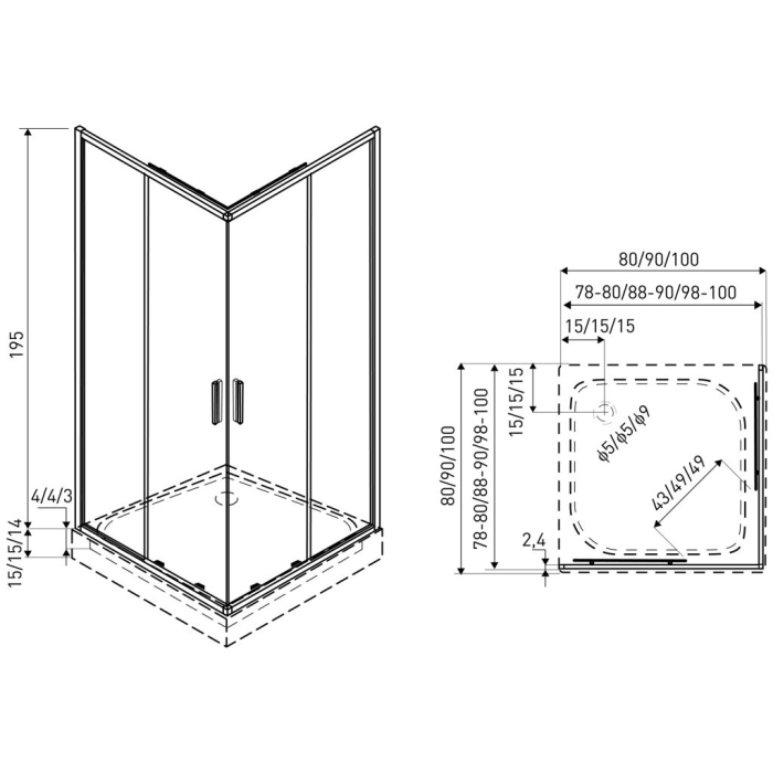 Kerra Solid SQ 100 crom pătrat cabină de duș fără tavă [6]