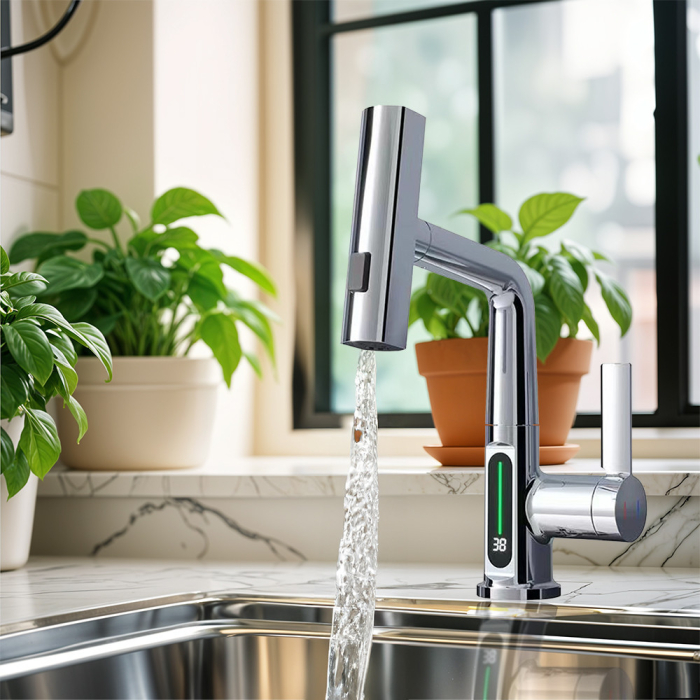 Leziter Robinet mixer pentru chiuveta de bucătărie Mara cu cap multifuncțional cu afișaj digital crom [2]