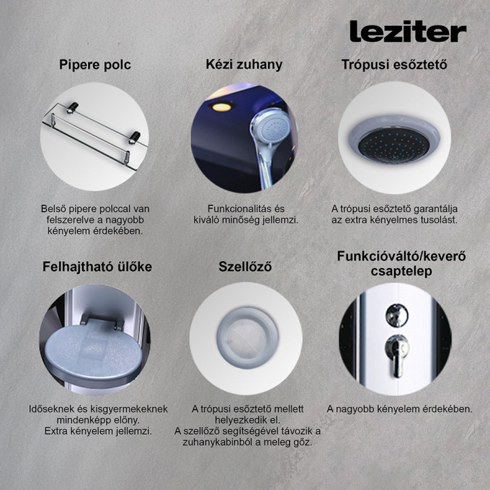 Leziter Cabină de duș cu hidromasaj curbată Vital Black 90x90 cm [5]