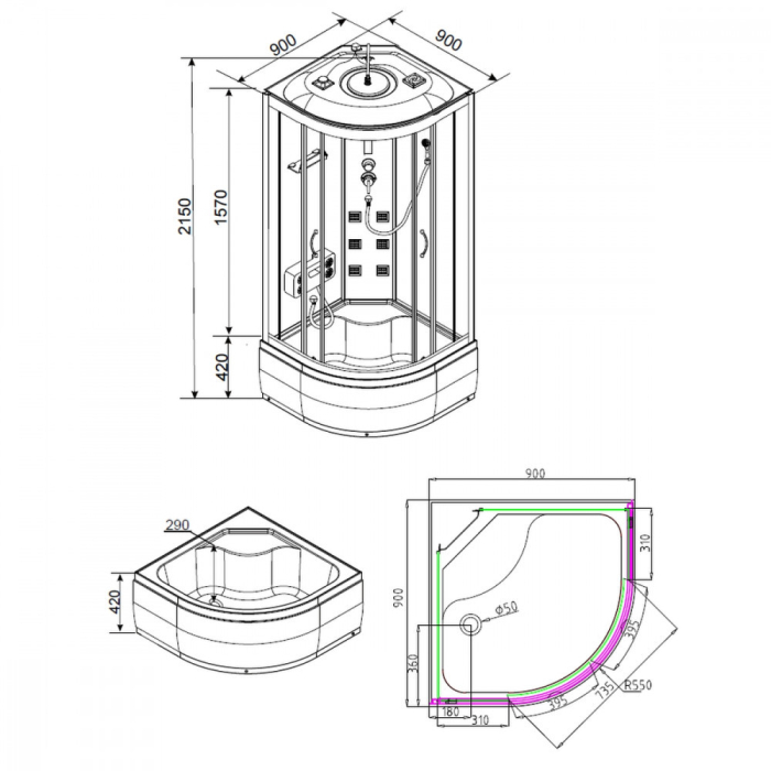 Leziter Cabină de duș cu hidromasaj Mila - neagră [3]