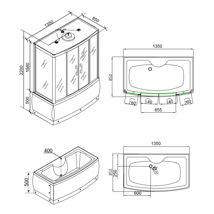 Leziter Cadă cu hidromasaj Emilia 85x135 cm cu electronică Neagră [3]
