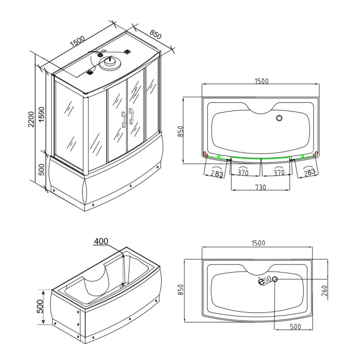 Leziter Cadă cu hidromasaj Emilia 85x150 cm cu electronică, albă [3]
