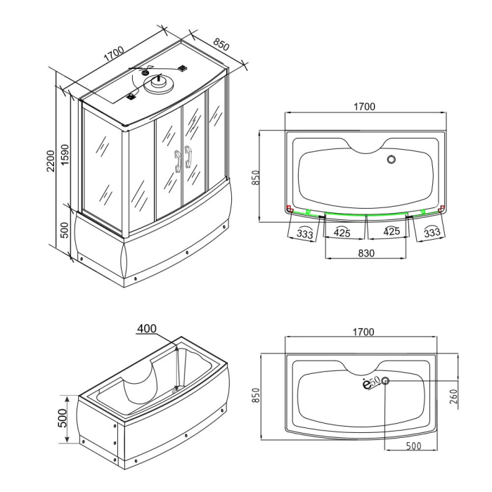 Leziter Cadă cu hidromasaj Emilia 85x170 cm cu electronică Neagră [3]