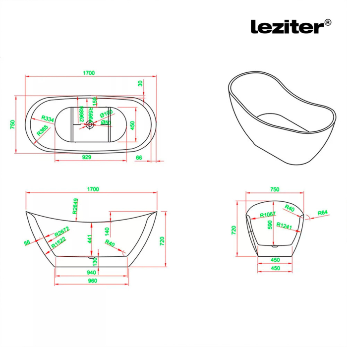 Leziter Cadă de baie independentă Flow neagră [3]