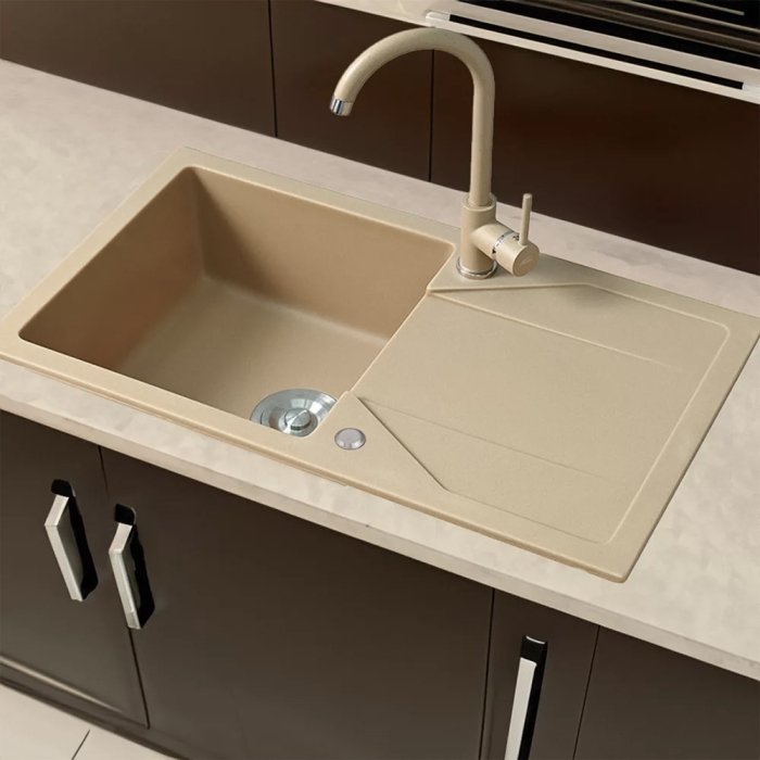 Leziter Chiuvetă Gori pătrată cu o singură lavoar, cu picurare, din granit, cu sifon, bej [2]