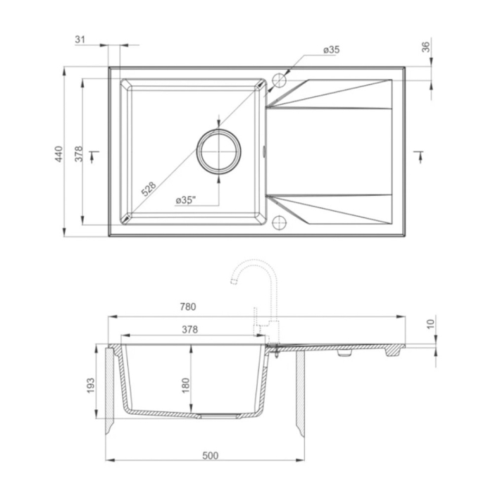 Leziter Chiuvetă Gori pătrată cu o singură lavoar, cu picurare, din granit, cu sifon, bej [3]