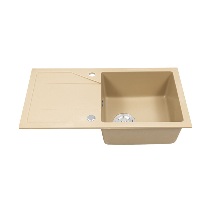 Leziter Chiuvetă Gori pătrată cu o singură lavoar, cu picurare, din granit, cu sifon, bej [6]