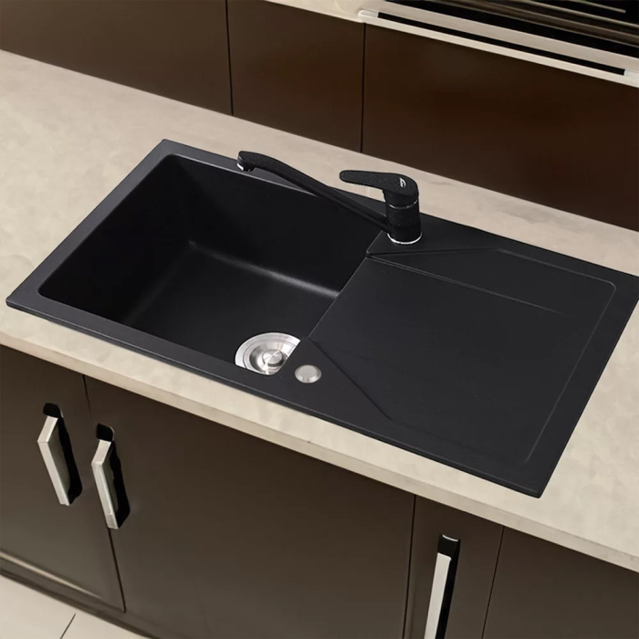 Leziter Chiuvetă Gori pătrată cu un singur lavoar din granit, cu sifon și sifon, neagră [2]