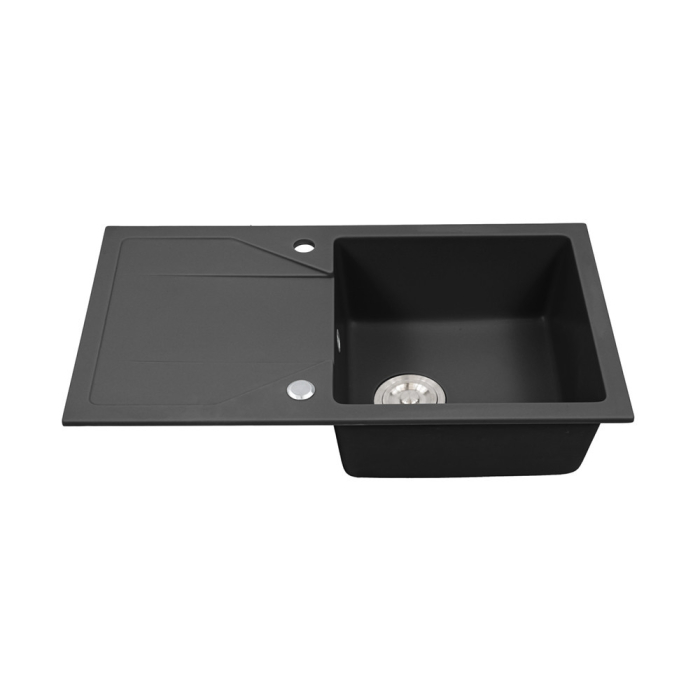 Leziter Chiuvetă Gori pătrată cu un singur lavoar din granit, cu sifon și sifon, neagră [6]