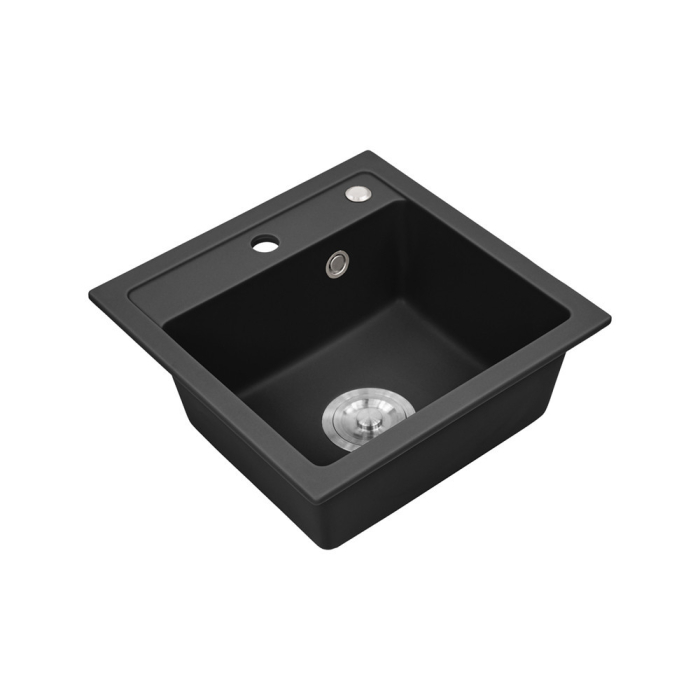 Leziter Chiuvetă pătrată Nia din granit cu o singură cuvă și sifon, neagră [5]