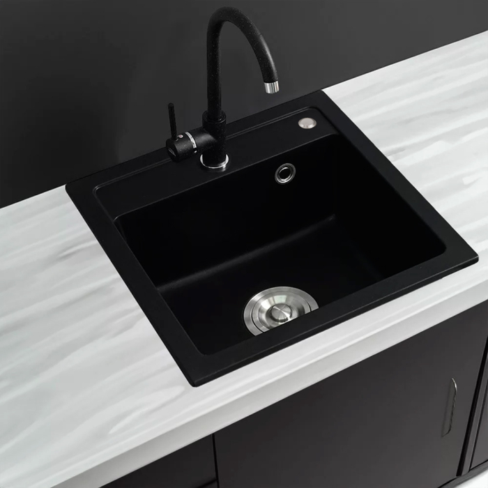 Leziter Chiuvetă pătrată Nia din granit cu o singură cuvă și sifon, neagră [2]