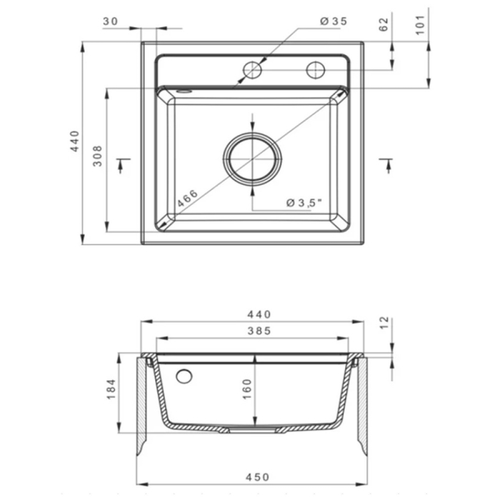 Leziter Chiuvetă pătrată Nia din granit cu o singură cuvă și sifon, neagră [3]