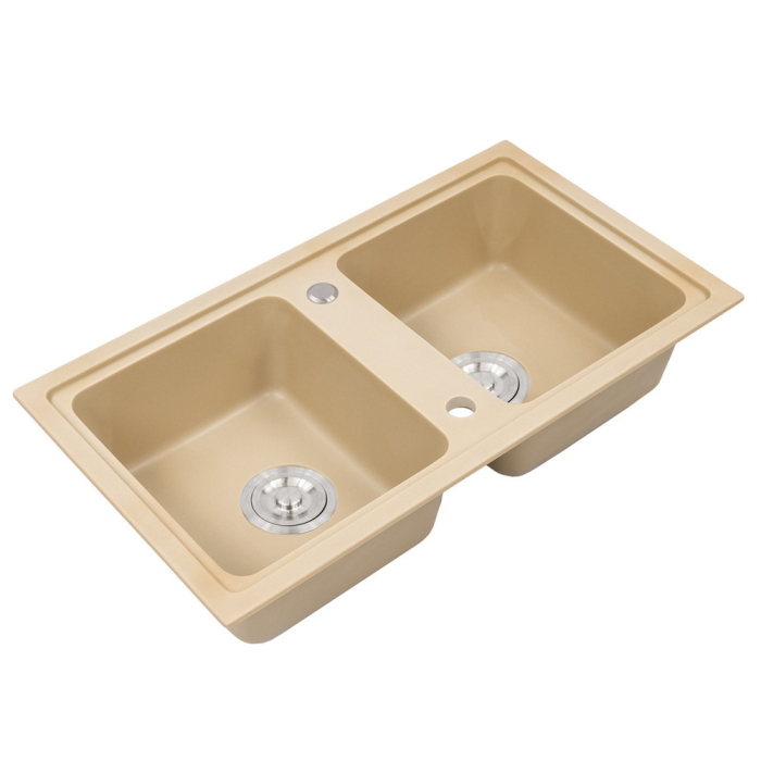 Leziter Chiuvetă pătrată Tia din granit cu două cuve și sifon bej [5]